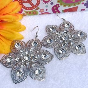 Boho Earrings Large Rhinestone Dangles Silvertone